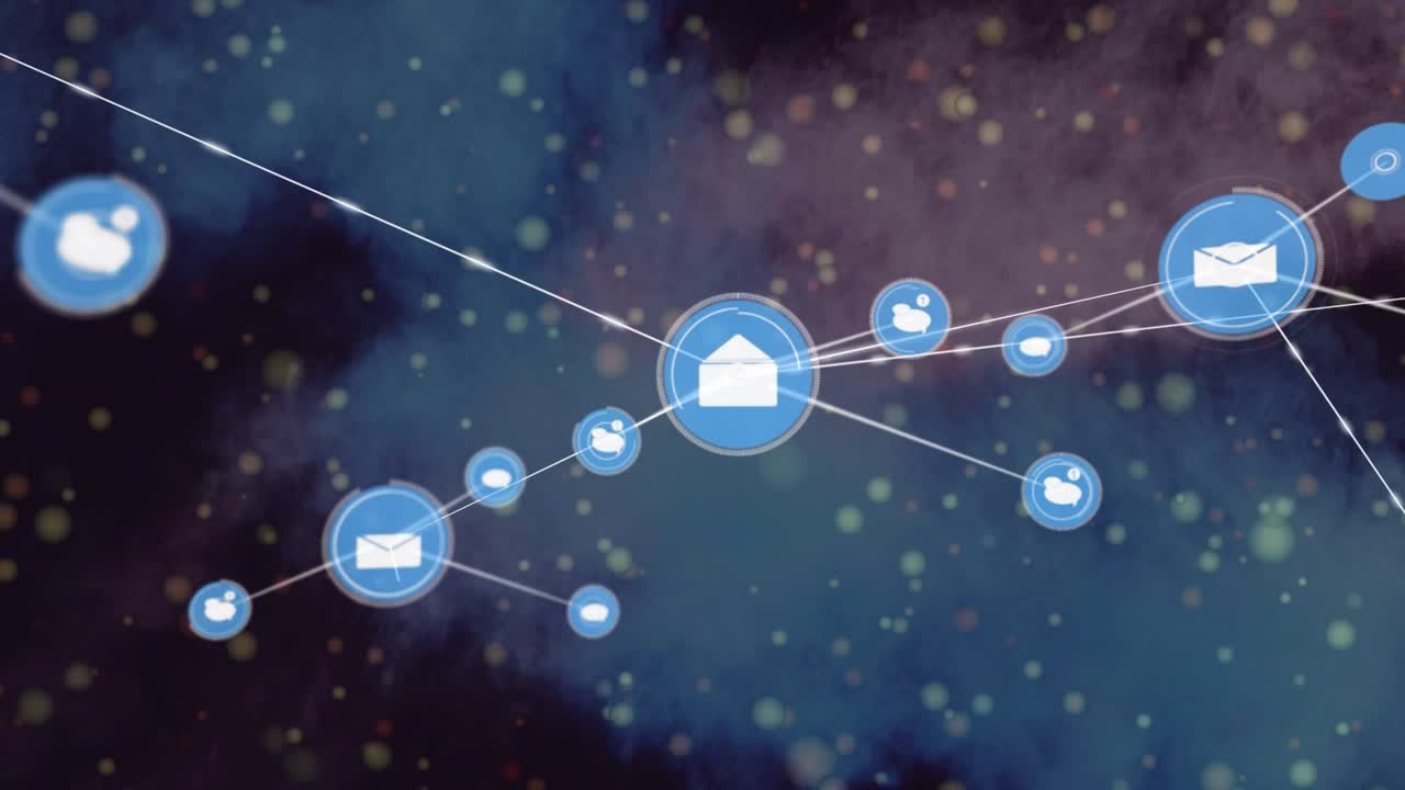 Animation of network of connections with icons over light spots on black background