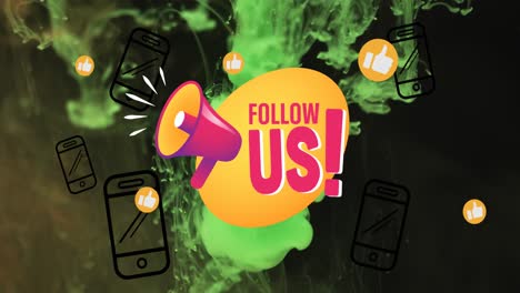 animation of follow us text with icons over green liquid on black background