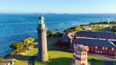Drone footage captures the Black Lighthouse and surrounding coastal landscape in Bellarine, Victoria, under clear blue skies