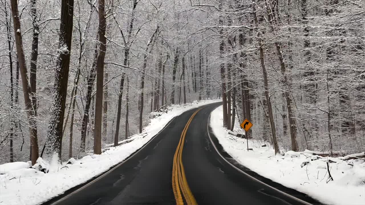 POV winter driving footage traveling uphill on a blacktop road surrounded by snow-covered trees