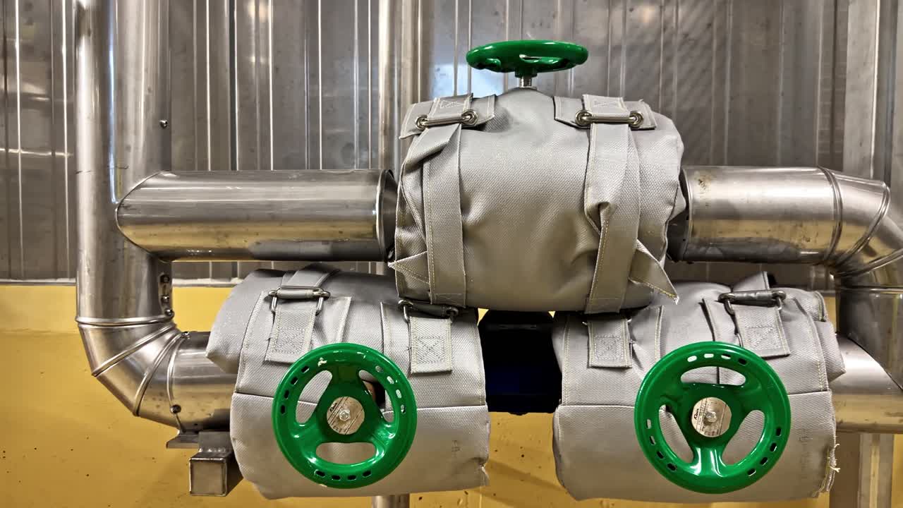 Industrial pipeline system with green valve wheels in factory plant, close up