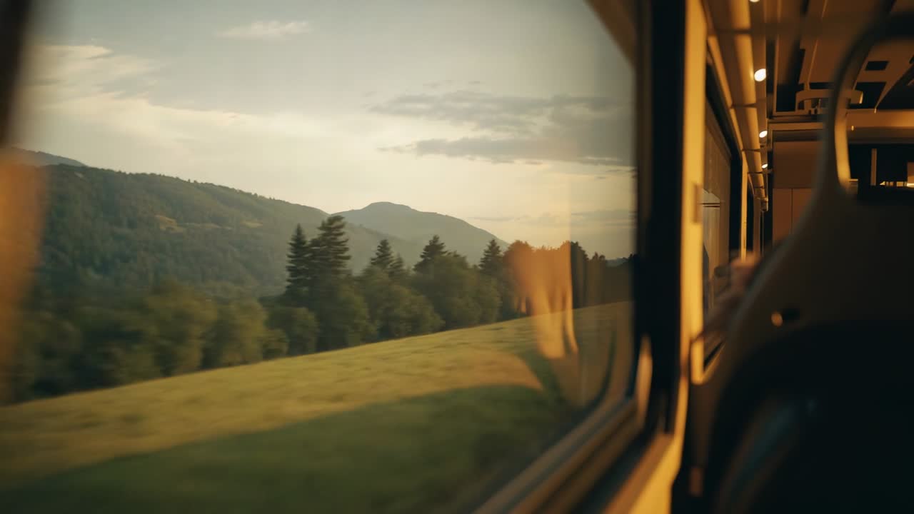 Meadow passing pole past train window with seat backs, handrails and luggage racks, copy space