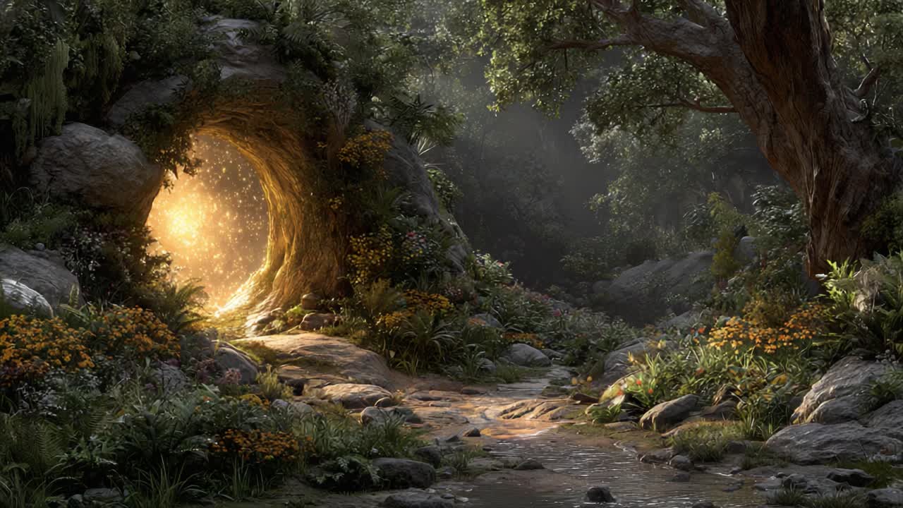 A Magical Portal Illuminates an Enchanted Forest, Inviting Exploration Through a Luminous Glow Amidst Lush Flora and Serene Nature