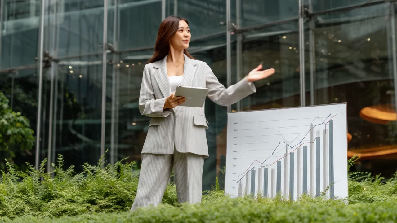Donna sicura di sé che presenta dati sulla crescita finanziaria immersa nella natura, vestita con un elegante abito bianco, circondata da una vegetazione lussureggiante, che mostra andamenti positivi sul grafico