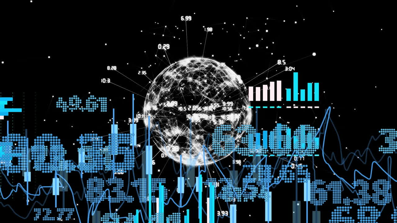 Animation of financial data processing over globe with connections