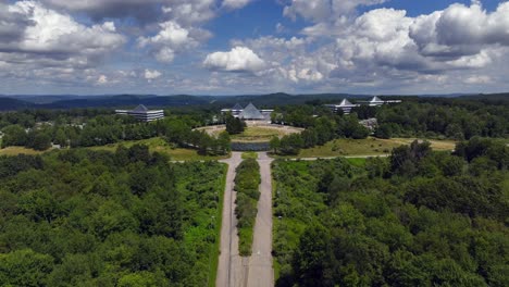 an aerial view of a large office complex upstate in somers, ny on a beautiful day