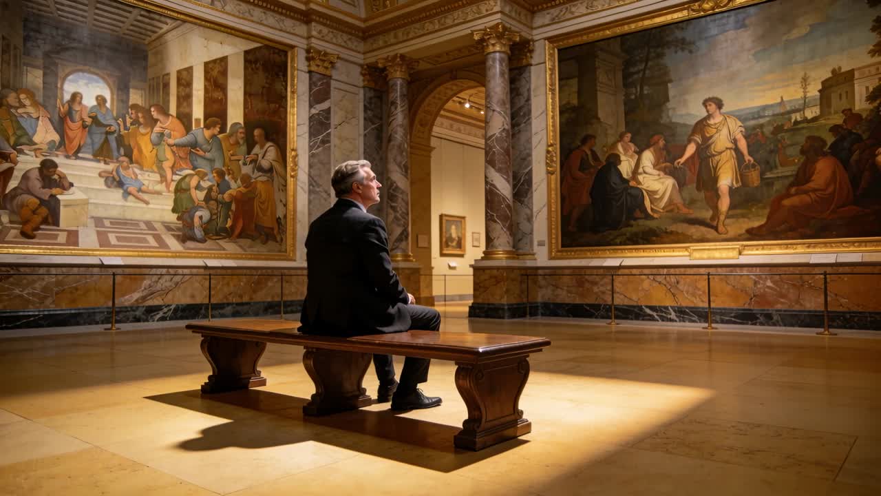 Uomo seduto che osserva due grandi dipinti classici su una panchina in una galleria di museo, indossando un abito scuro.