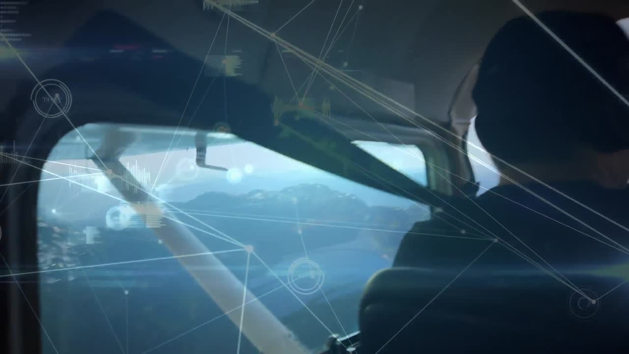 red de conexiones y procesamiento de datos contra el piloto caucásico que vuela una aeronave privada