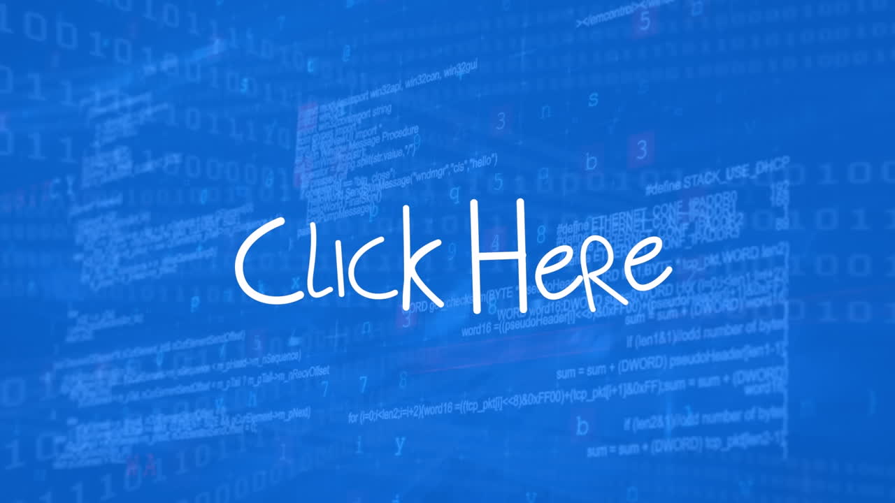 Animation of click here text over data processing on blue background