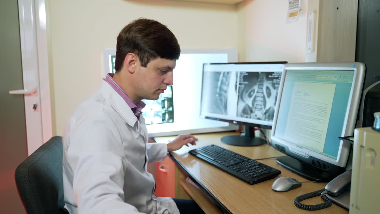 Advanced Scientific Lab For Medicine. Male doctor with computer working at hospital