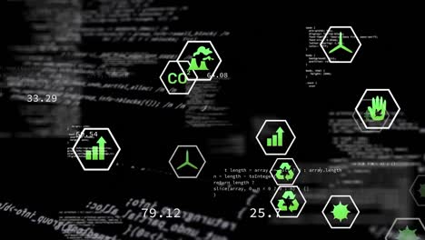 animación de iconos de procesamiento de datos y ecología sobre fondo negro