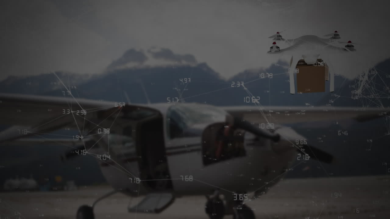 animación de la red de conexiones a través de drones con paquetes sobre la plataforma del aeropuerto