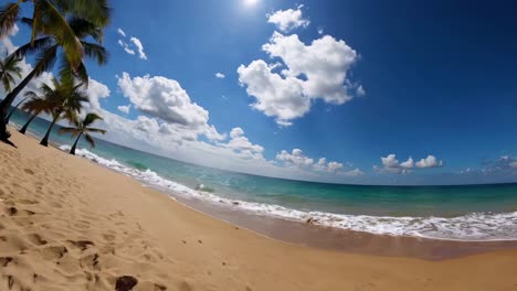 A wide-angle video captures a serene beach scene with palm trees, golden sand, and a vibrant blue
