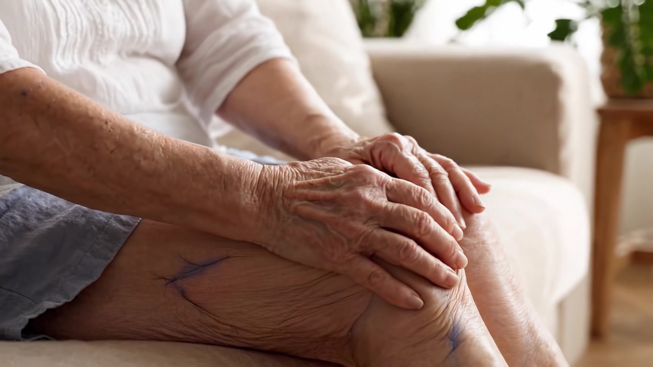Mani invecchiate appoggiate su un ginocchio: un primo piano che riflette la grazia e le sfide di un viaggio di una vita, catturato in uno spazio abitativo confortevole.