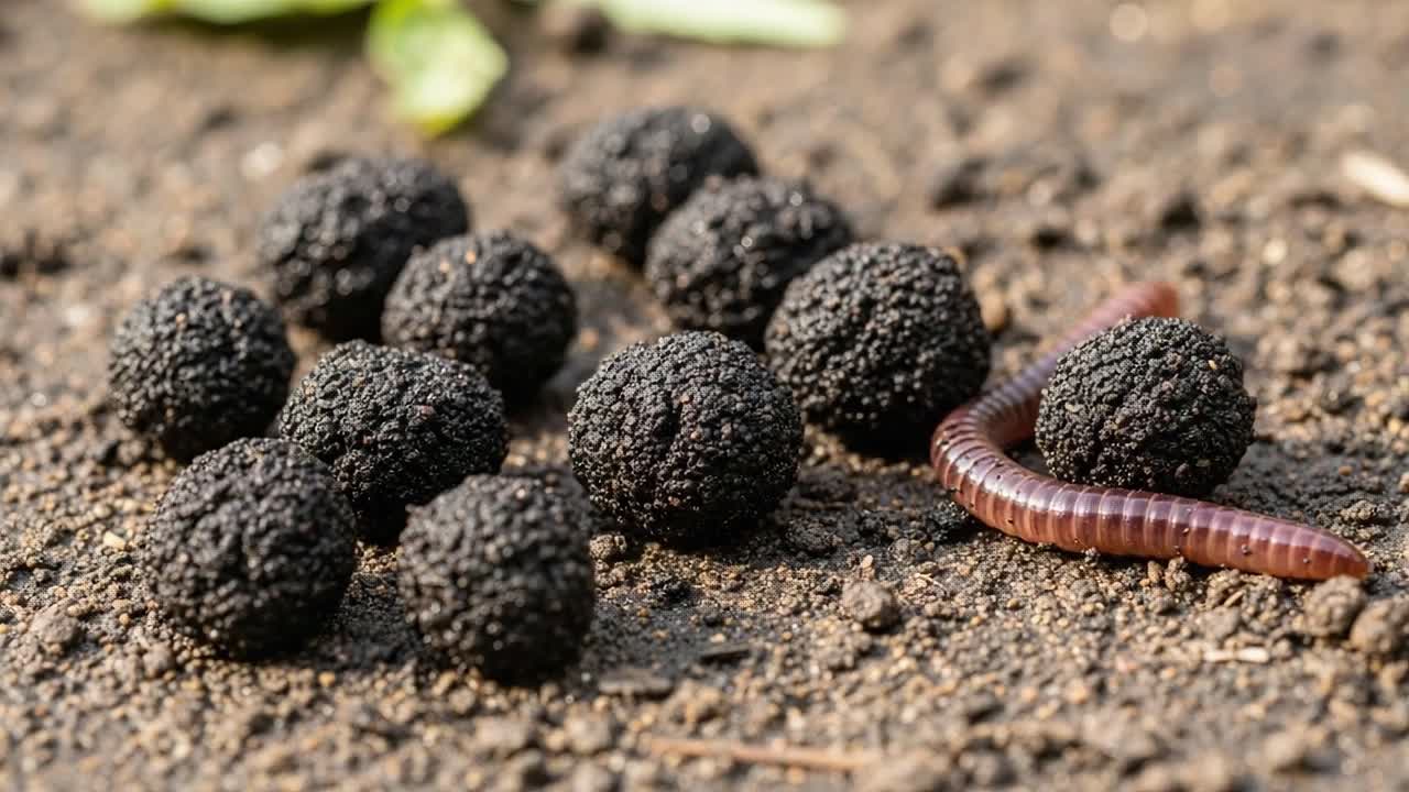 A Close-Up View of Rich, Dark Truffles and a Worm on Fertile Soil, Showcasing the Interplay of Nature and Terrestrial Life