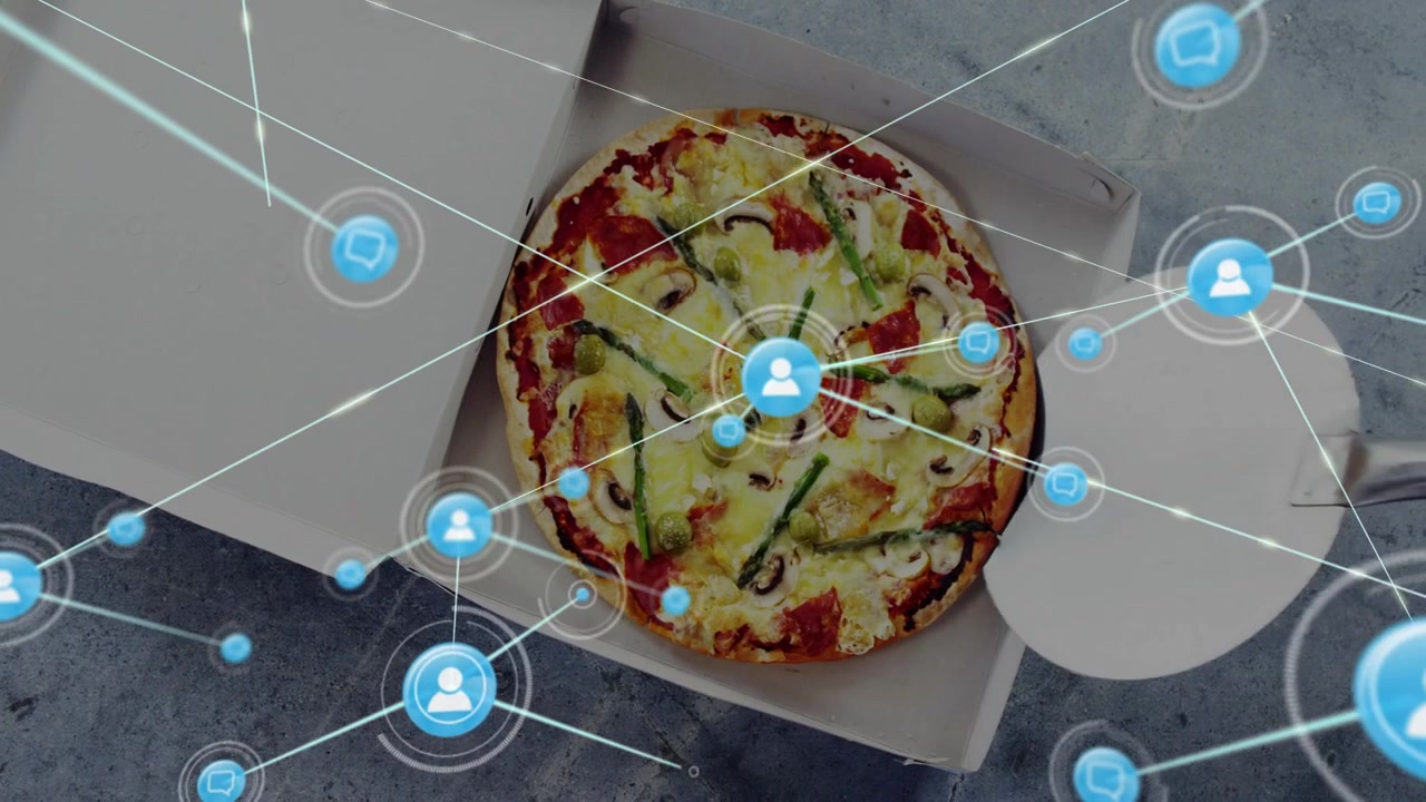 Pizza in box being covered by expanding blue node web, central icon appearing, showing order links