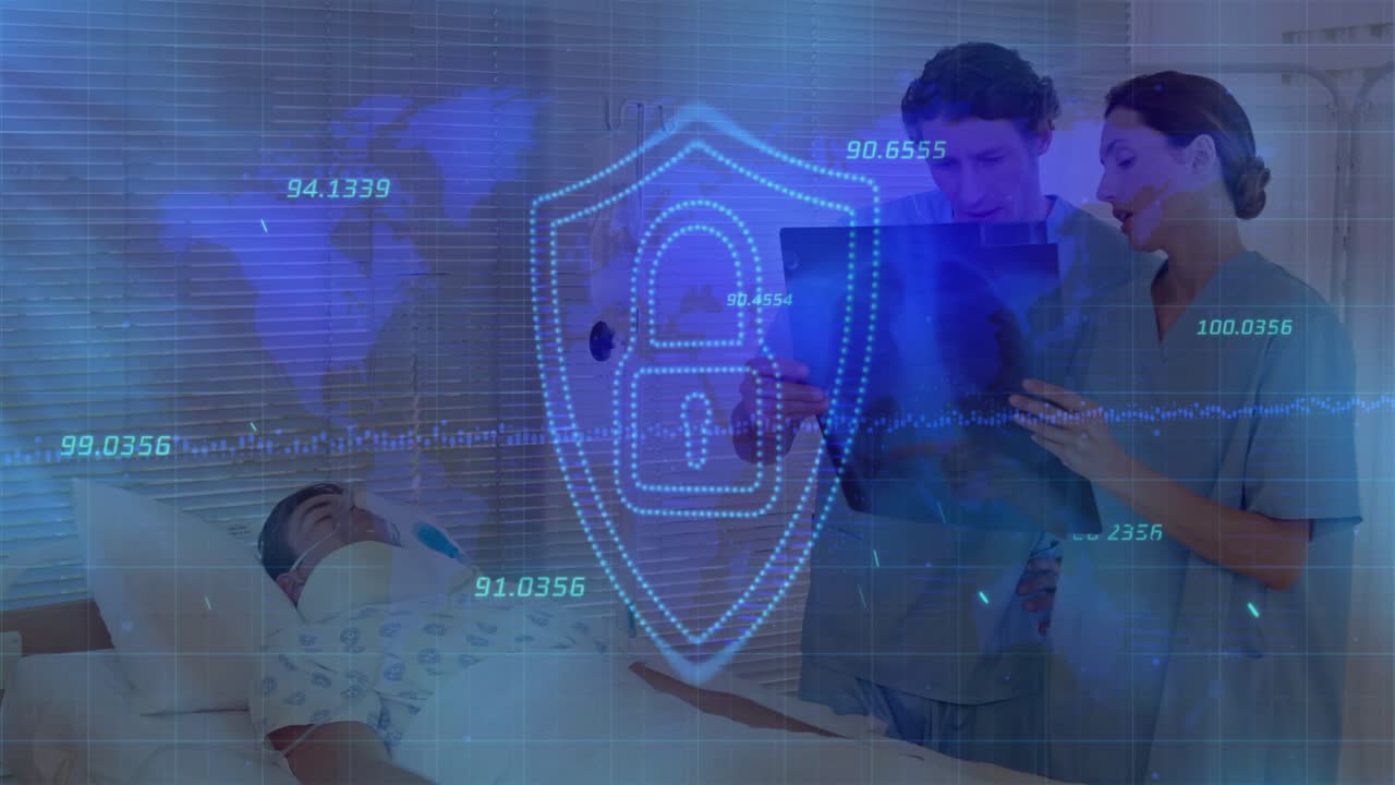 Doctors reviewing tablet, blue interface emerging, shield lock pulsing for patient data protection