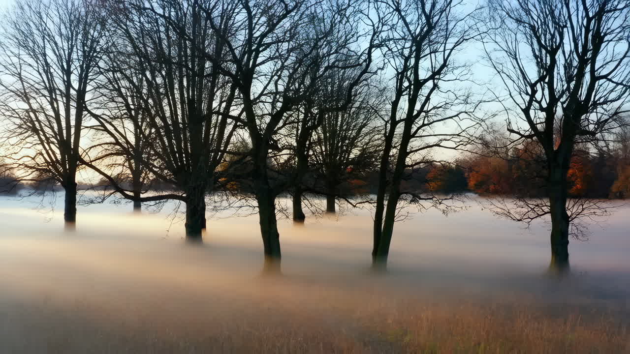 Foggy Field with Bare Trees in Early Morning