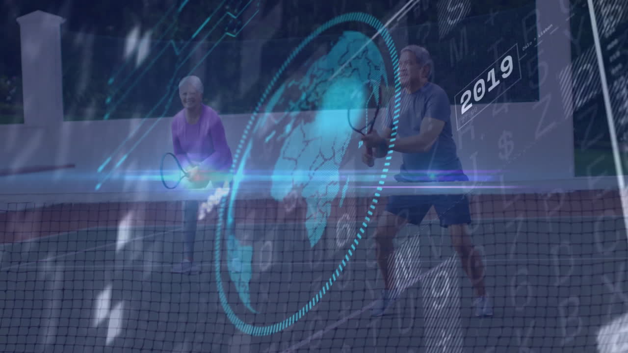 couple playing tennis on court, holographic globe charts visualizing sports tech data