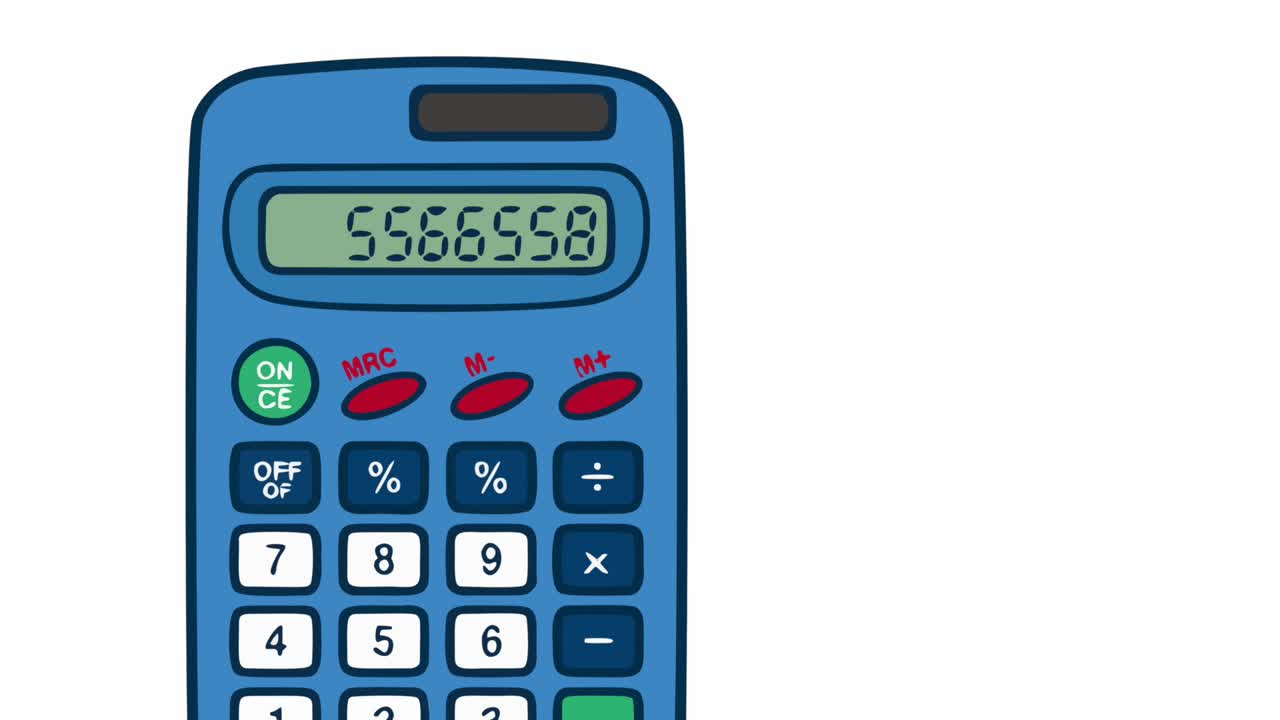 Cartoon blue calculator with the number 5566558 spelling bossess upside down on a white background