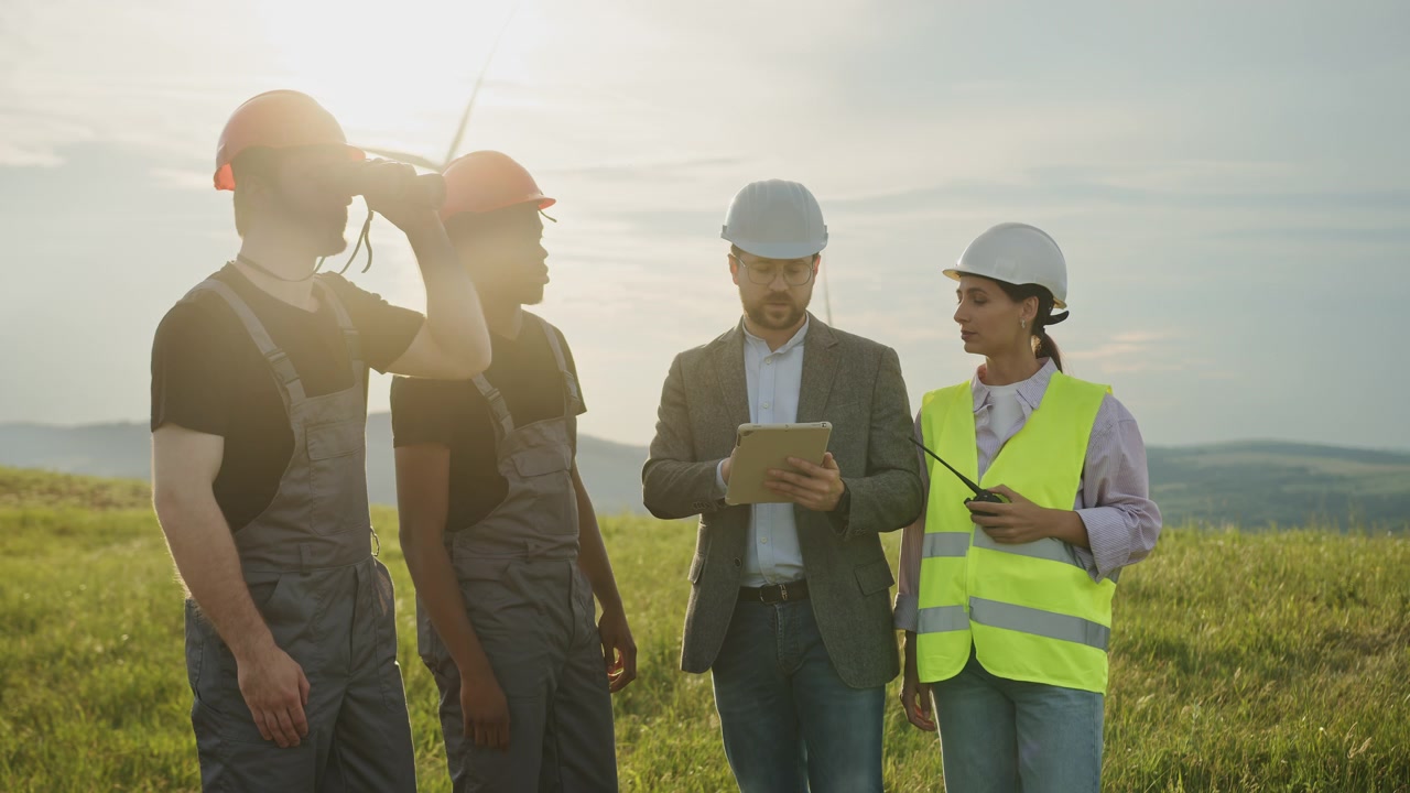 Team of engineers in hard hats and safety vests discuss operations near wind turbines on a sunny day