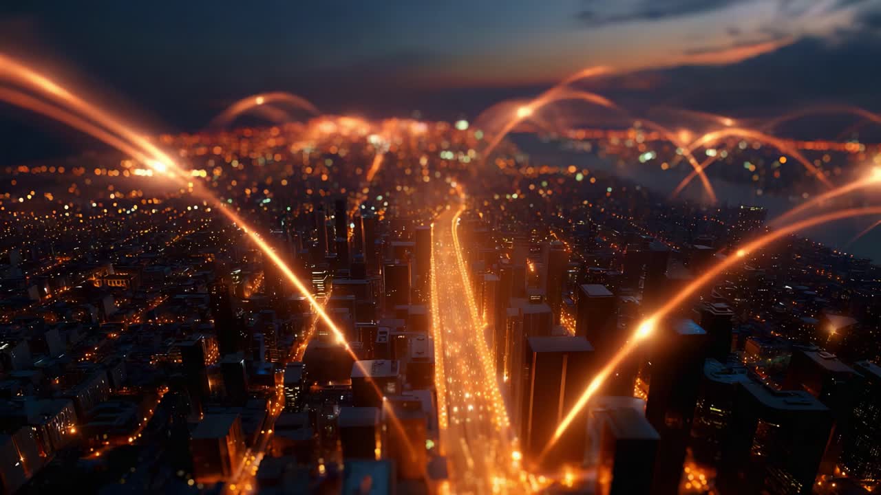 A Stunning Aerial View of a Luminous City Skyline at Night, Featuring Illuminated Pathways and Vibrant Light Trails that Evoke a Sense of Connectivity and Energy in Urban Life