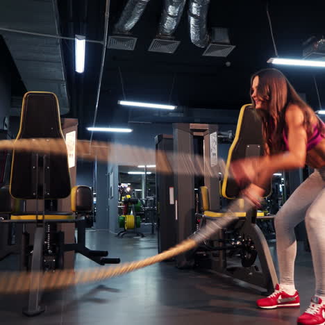 muscular fitness woman trains triceps with two cables by her hands on the background of a new fitness center. fit woman exercise with cable crossover in gym.