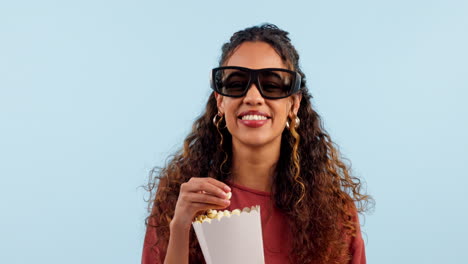 Woman,-3d-glasses-and-laugh-with-popcorn