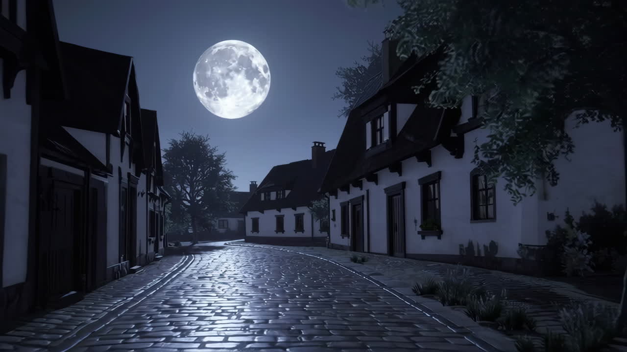 Månebelyst landsbygate om natten