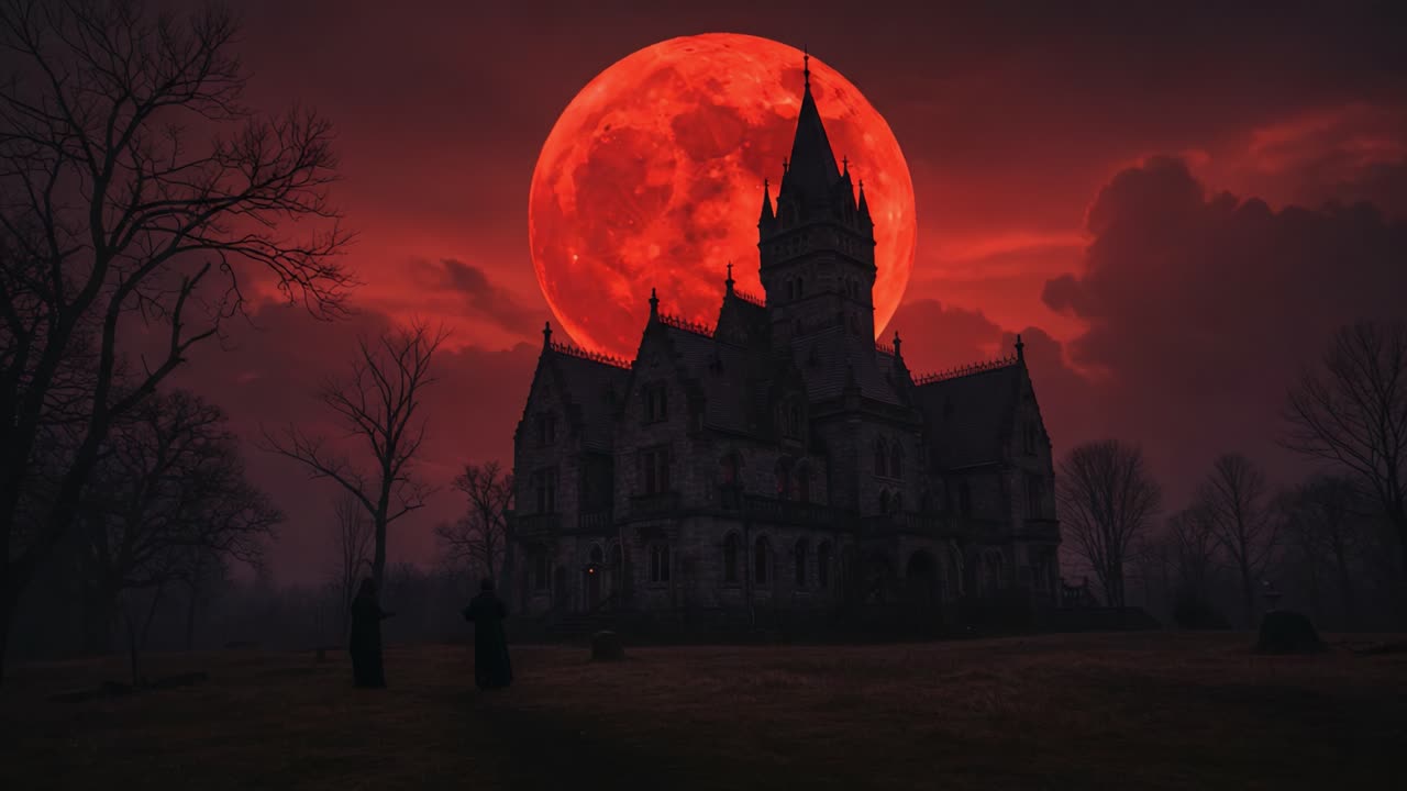 Eerie Castle Under a Blood Moon: A Haunting Landscape of Shadows and Mystique on a Dark, Atmospheric Night