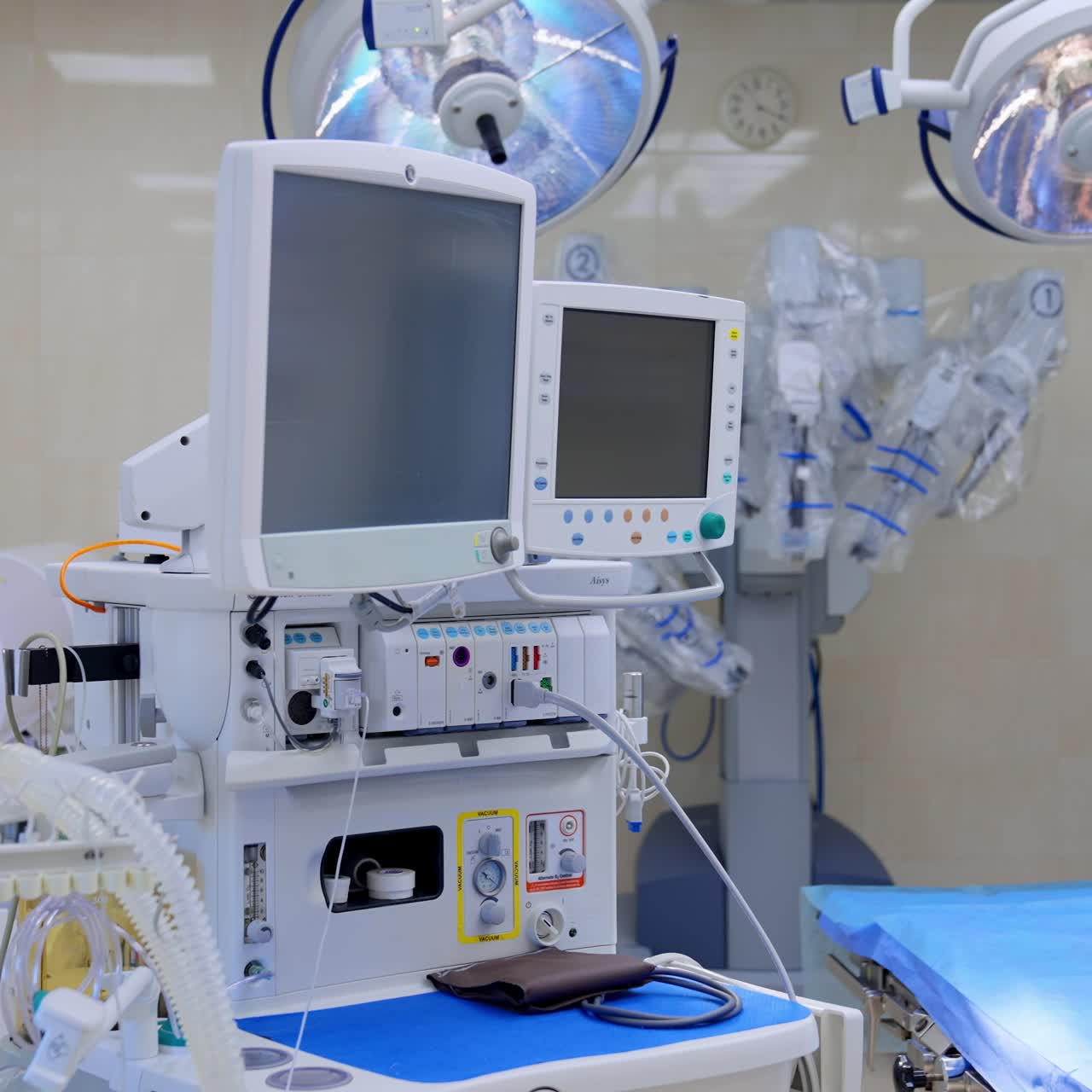 Multiple technological devices and apparatuses in the modern surgical room. Approaching the advanced lung ventilation equipment with two screens