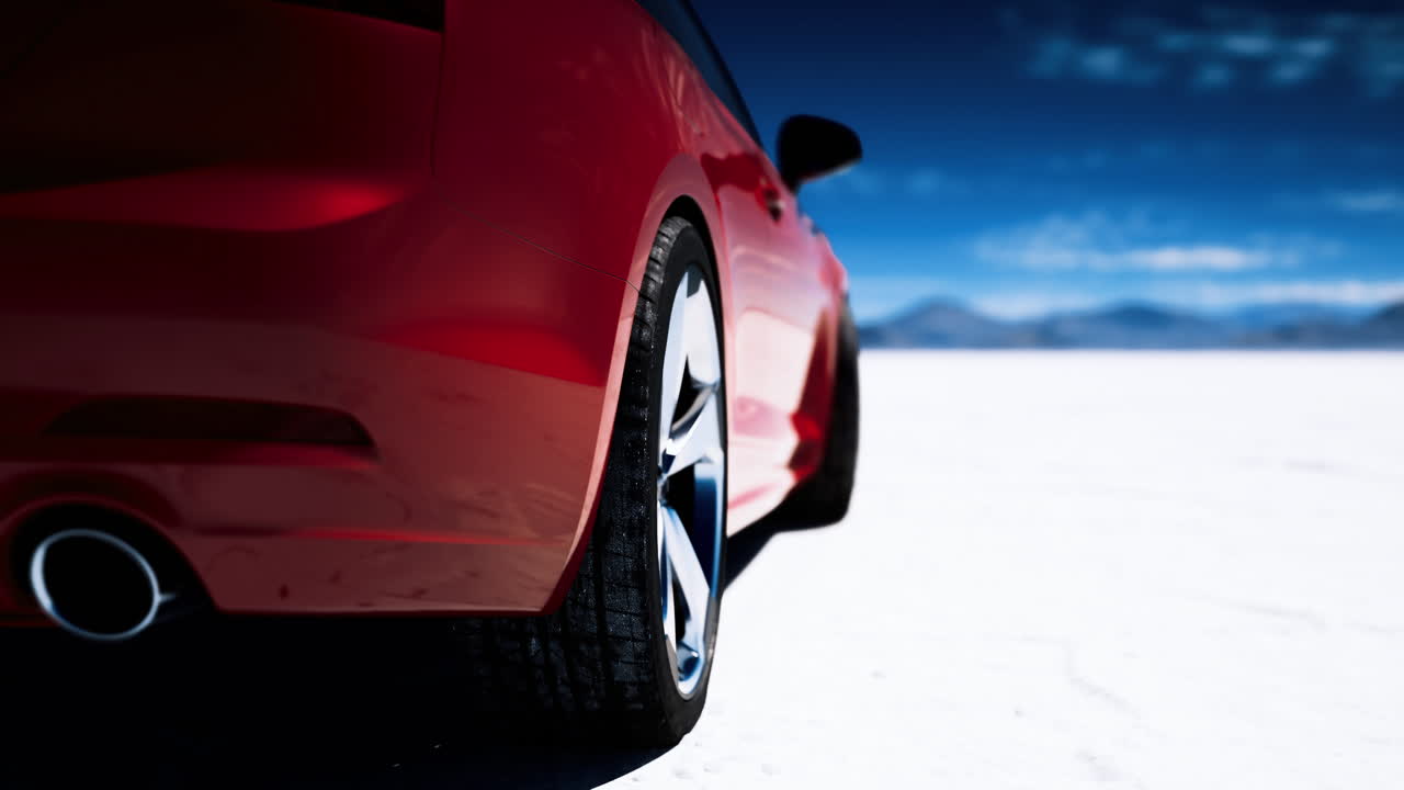 Sports car parked on vast white salt flats with mountains in background