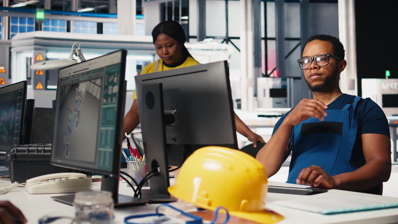 Vertical Video Black engineer runs diagnostic checks on solar panel assembly software