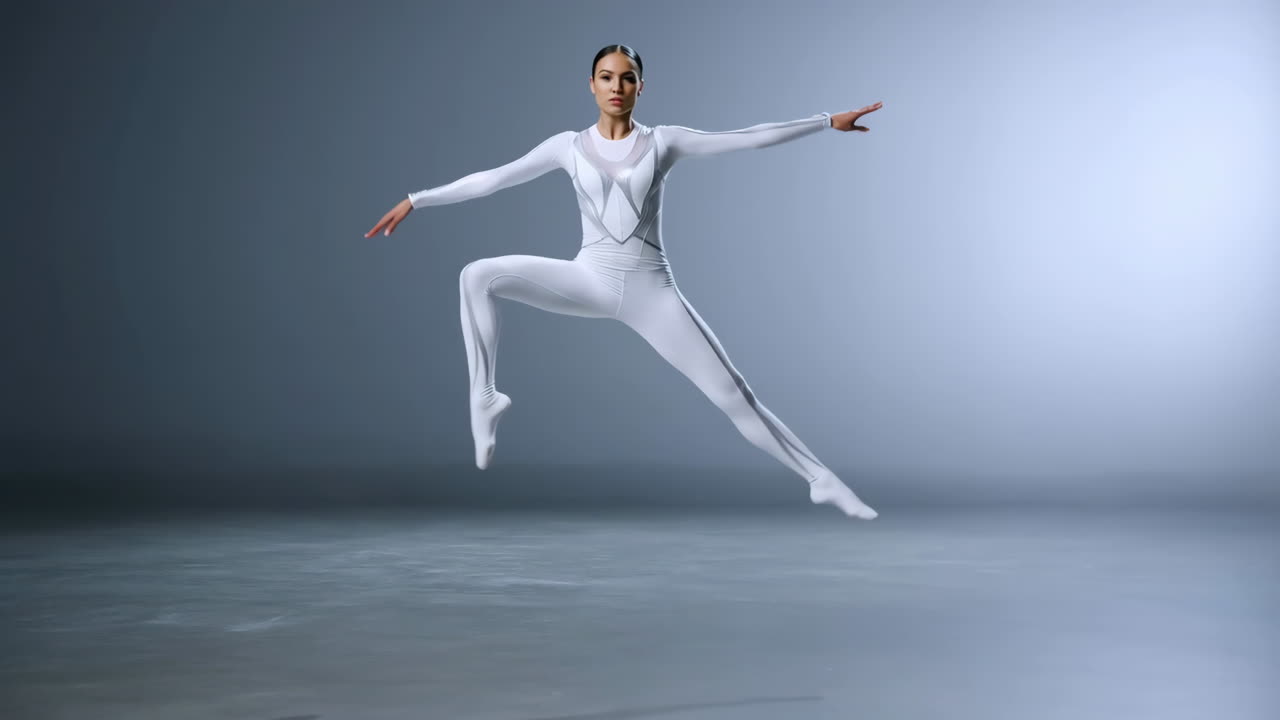Graceful Dancer in White Jumpsuit Performing a Dynamic Leap