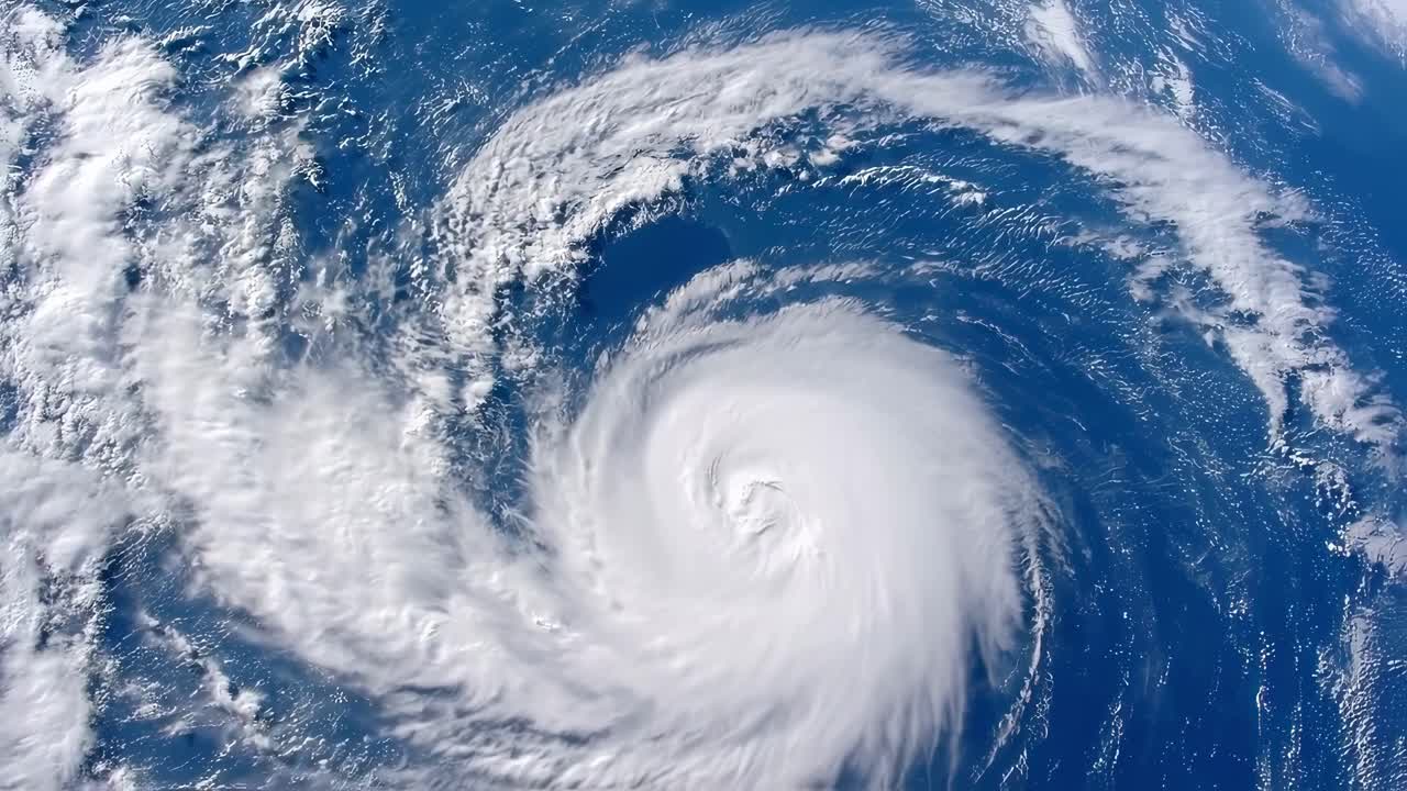 A powerful hurricane is swirling in the ocean, vividly captured from a satellite's perspective over the vast Atlantic waters