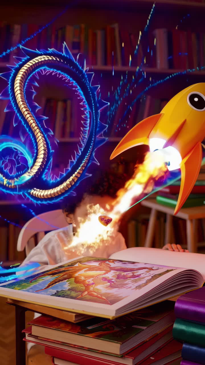 Child's Imagination Comes Alive with Magical Book and Dragon