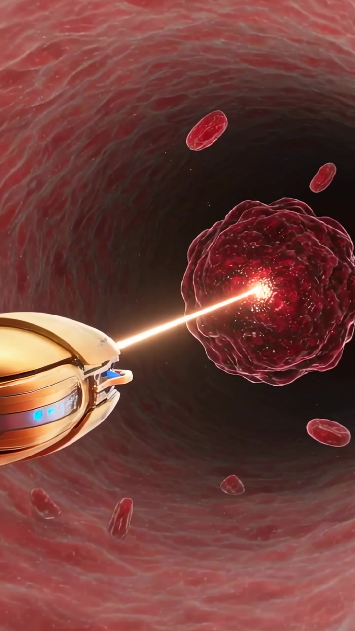 Video verticale: Un microbot dorato che avanza si avvicina a una massa in un recipiente, sparando un raggio che rompe il bersaglio.