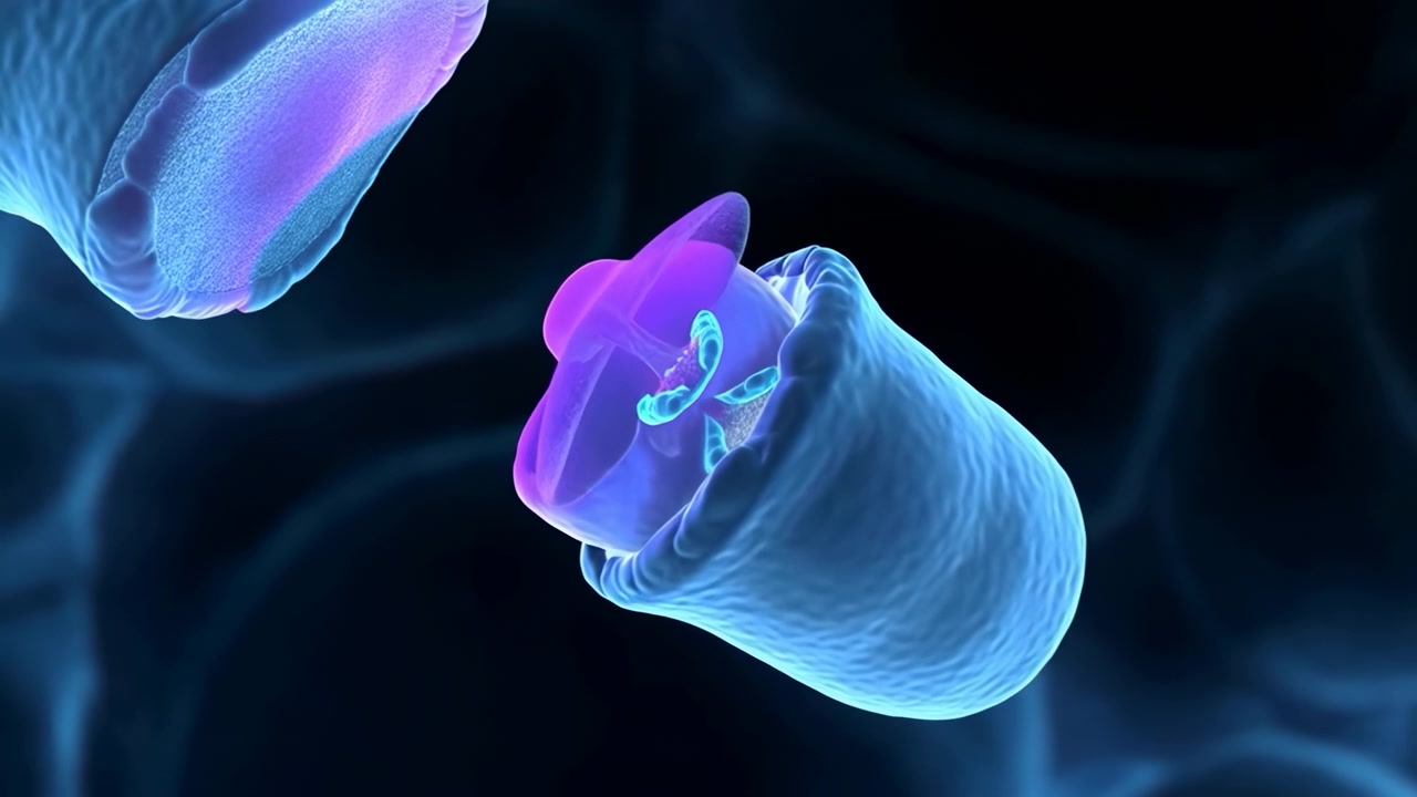 Separate luminous disc and ring-shaped parts move closer to a floating translucent form and settle around its opening as soft blue surfaces drift through dark surrounding space.