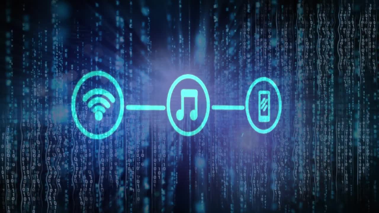 animação de trilhas de luzes brilhantes azuis com processamento de dados sobre a composição azul