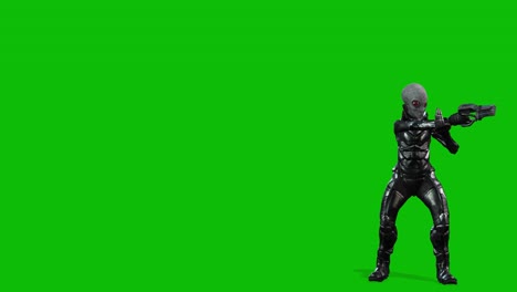 alienígena gris con un traje espacial y sosteniendo una pistola de ciencia ficción corriendo, deteniéndose y apuntando en pantalla verde, animación 3d, vista lateral derecha