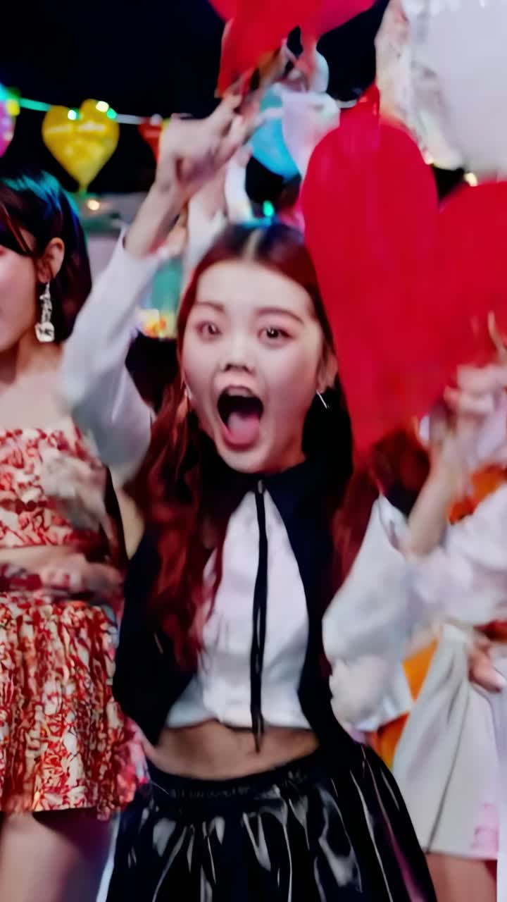 Young asian pop singer wearing stage costumes having fun with red heart shaped balloons and colorful lights during a live concert, she's raising her arms and making a funny face