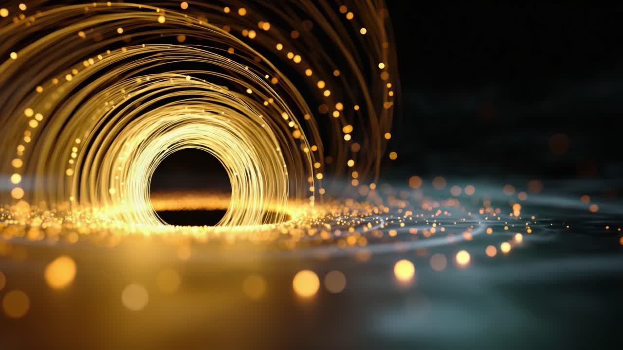 Un affascinante viaggio visivo attraverso un vortice di particelle dorate, che crea uno sfondo incantevole che evoca sensazioni di meraviglia e curiosità