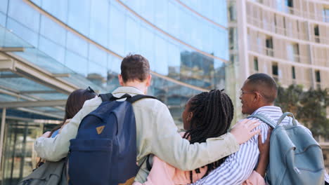 University-group,-walking-and-people-hug