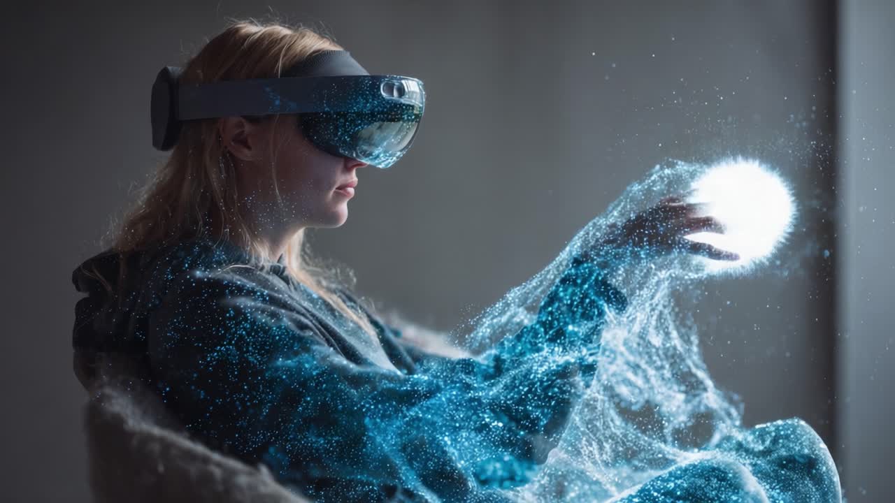 A young woman immersed in a virtual reality experience, displaying a magical interaction with digital particles that create an illusion of water and light forming around her hands as she explores this innovative technology