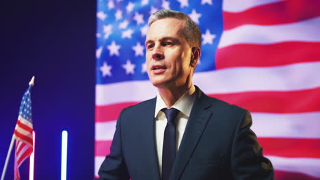 confident american politician speaking from podium pan around view of mature presidential candidate finishing speech from rostrum and gesticulating against usa flag
