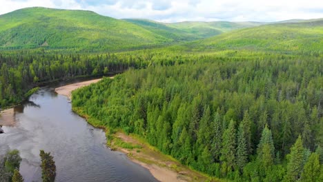 4k drone video of beautiful chena river as it runs through pine tree covered mountains near chena hot springs, alaska in summertime