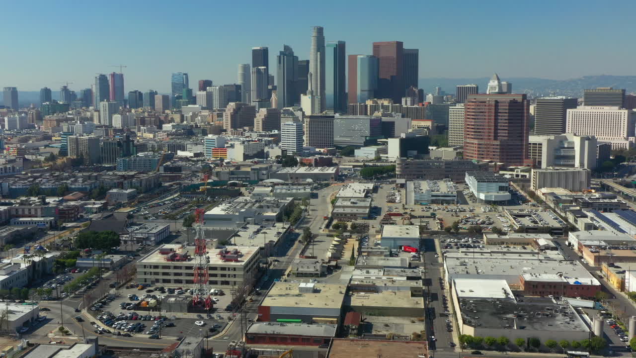Panoramic shot of the Downtown Los Angeles DTLA Skyline on a clear sunny bright blue day in California USA.