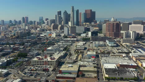 panoramic shot of the downtown los angeles dtla skyline on a clear sunny bright blue day in california usa.