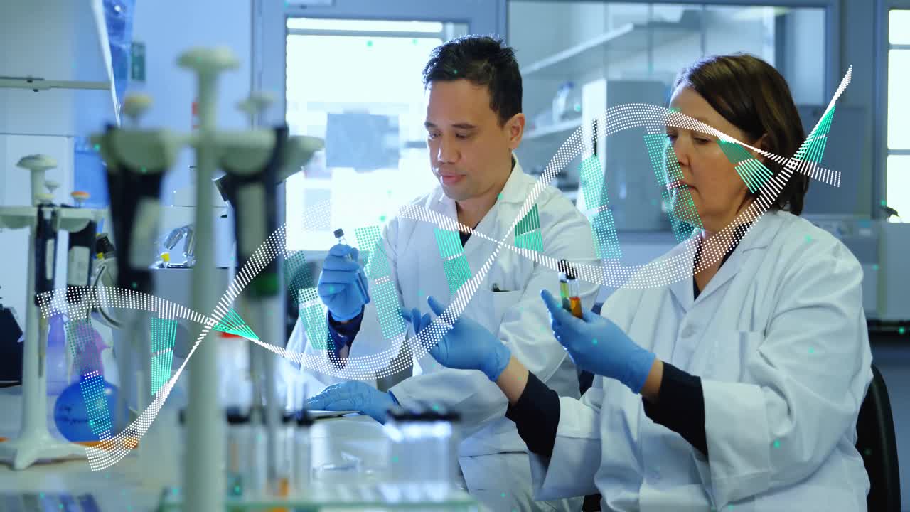 Animation of dna helix over diverse scientists discussing about sample in laboratory