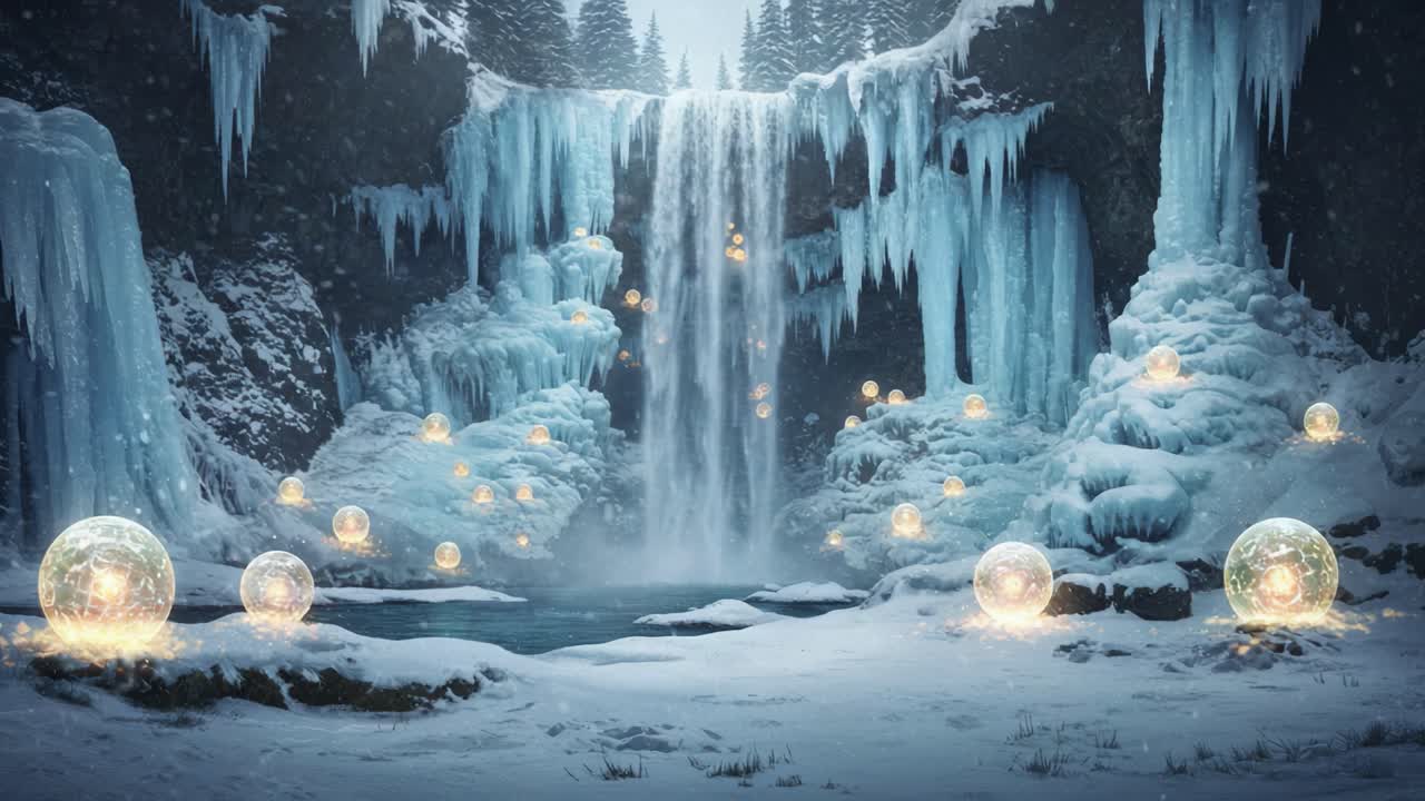 Enchanting Winter Wonderland: A Serene Frozen Waterfall Surrounded by Glowing Orbs and Icy Formations, Evoking the Beauty and Magic of a Snowy Landscape